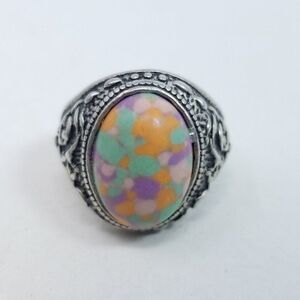 Vintage Silver Tone Ring with Oval Colorful Pastel Cabochon Center, Size 11